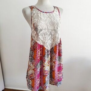 Free People Oversized Tunic Tank • Pink & Cream Colorful Floral Print • Sz Small